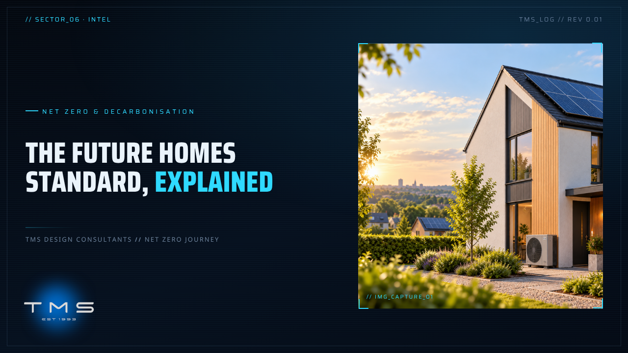 A modern low-carbon new-build home with roof-mounted solar panels and an air source heat pump, the technologies the Future Homes Standard makes standard