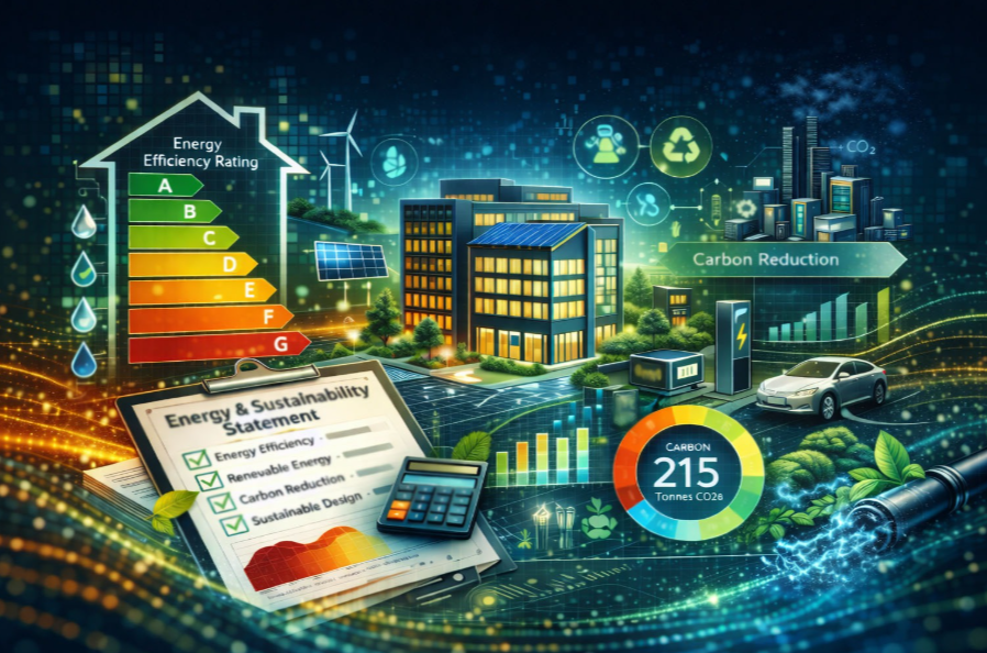 An energy and sustainability statement alongside energy rating and carbon reduction data