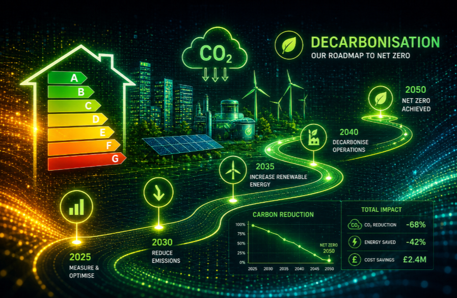 A decarbonisation roadmap showing staged carbon reduction milestones towards net zero
