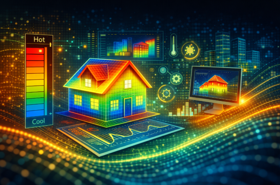 Thermal simulation of a dwelling showing hot and cool temperature gradients