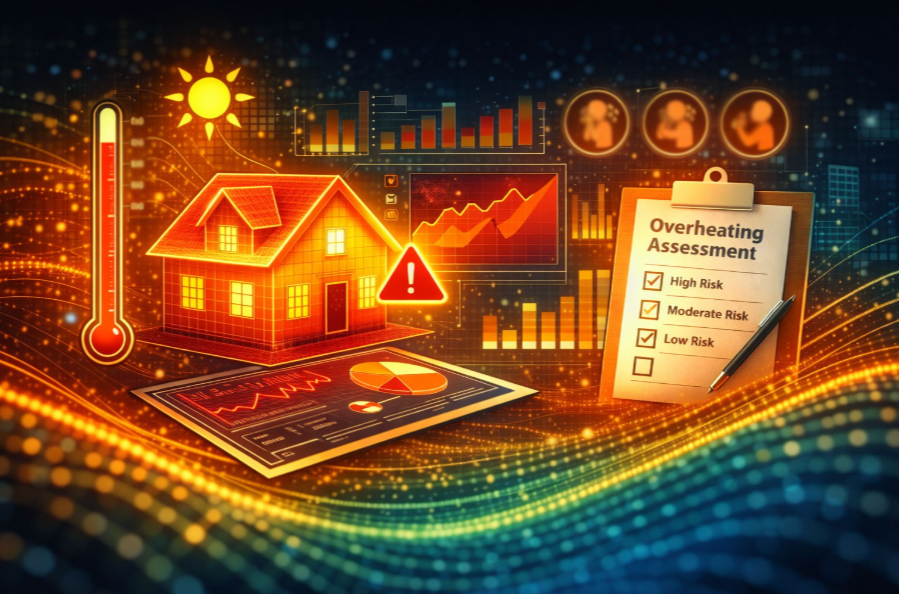 An overheating risk assessment showing high, moderate and low risk outcomes for a dwelling
