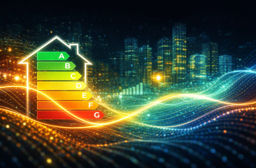 An A to G energy performance rating scale set against a city skyline